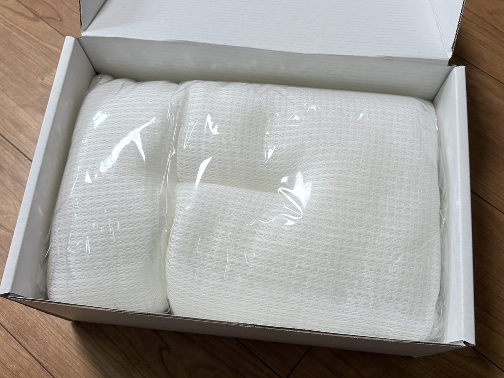 半分に折られてビニール袋に入ったエスメラルダ小学生の枕