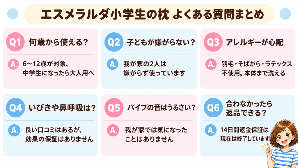 エスメラルダ小学生の枕のよくある質問まとめ。Q1からQ6までの質問と答え